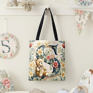 FLoral Teddy Bear letter S Tote Bag