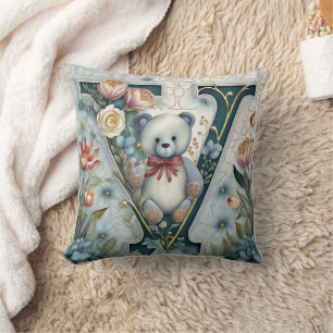 FLoral Teddy Bear letter V Throw Pillow
