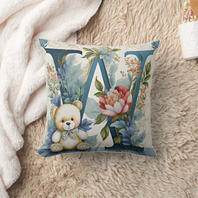 FLoral Teddy Bear letter W Throw Pillow (Blanket)