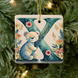 FLoral Teddy Bear letter X Ceramic Ornament