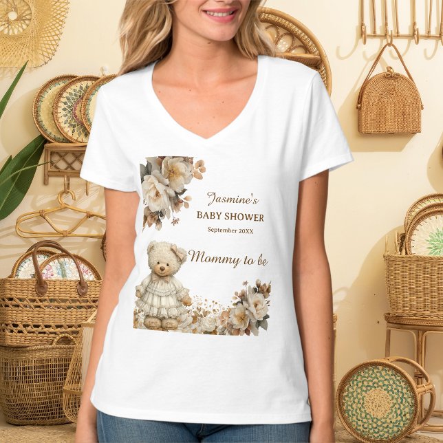 Floral Teddy Bear Mommy to Be Baby Shower T-Shirt (Creator Uploaded)