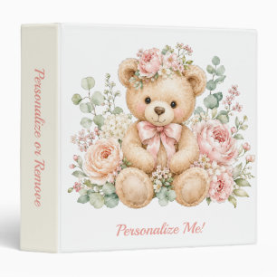 Floral Teddy Bear Pastel Pink Rose Personalize 3 Ring Binder