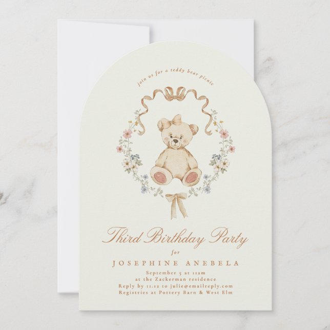 Floral Teddy Bear Sage Girl 2nd Birthday Party Invitation (Front)