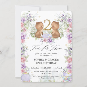 Floral Teddy Bears Tea for Two 2nd Birthday Party Invitation