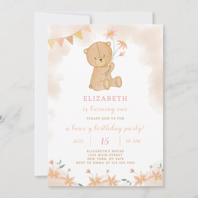 Floral Teddy Birthday Invitation (Front)