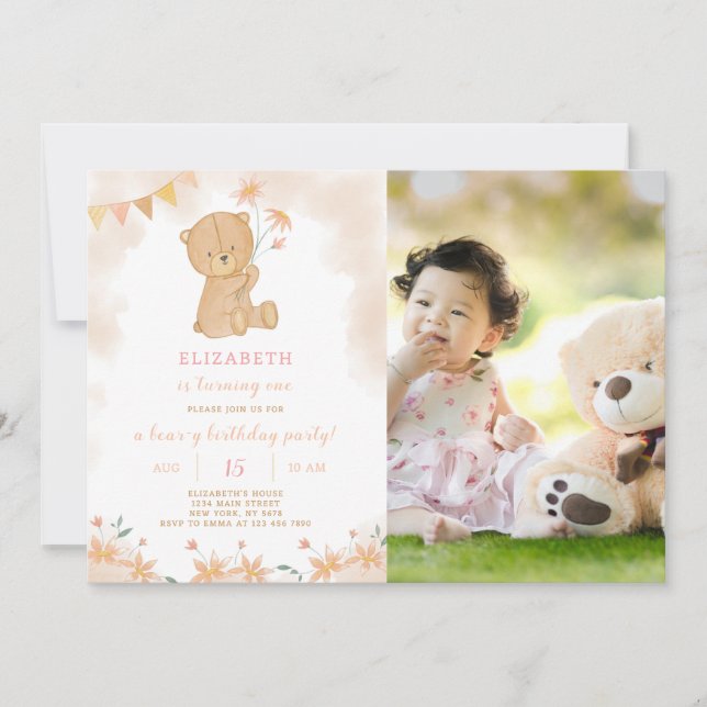 Floral Teddy Birthday Invitation With Photo (Front)