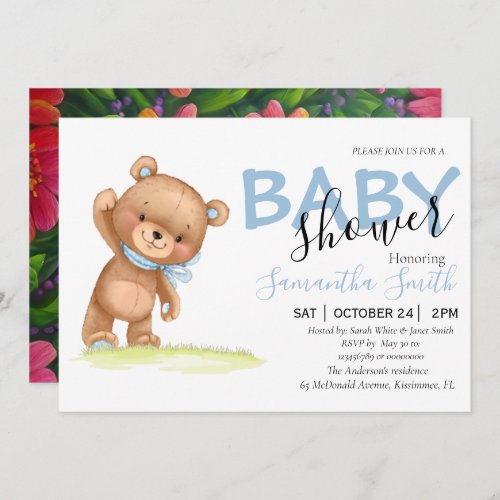 Floral Teddy Boy Blue Baby Shower Invitations 