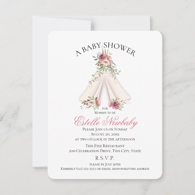 Floral Tee Pee Pink Boho Baby Shower  Invitation (Front)