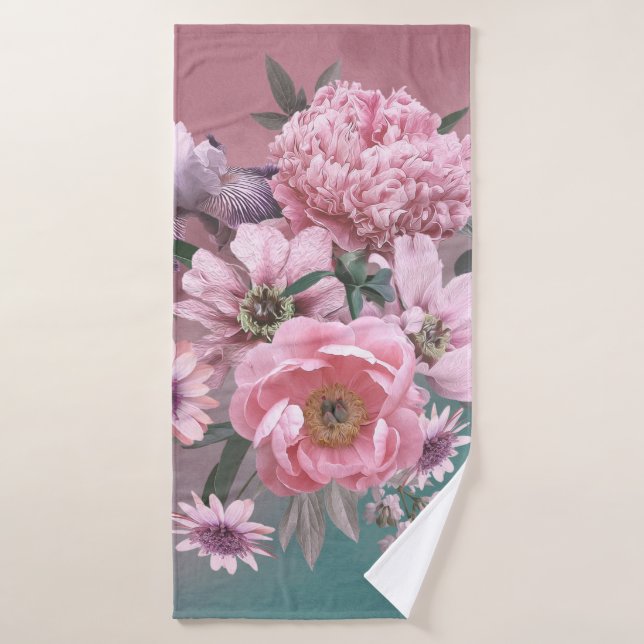 Floral template. Beautiful flowers peonies and iri Bath Towel (Bath Towel)