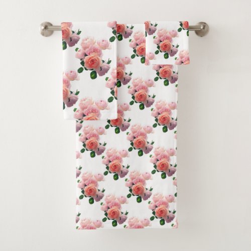 Floral Template Pink Red Roses Modern Elegant Bath Towel Set