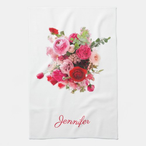 Floral Template Watercolor Art Pink Red Roses Kitchen Towel
