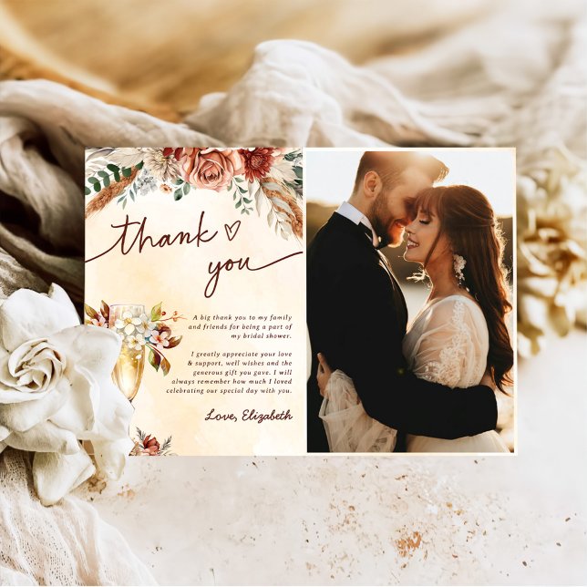 Floral Terracotta Boho Bridal Shower Photo Thank You Card (Creator Uploaded)