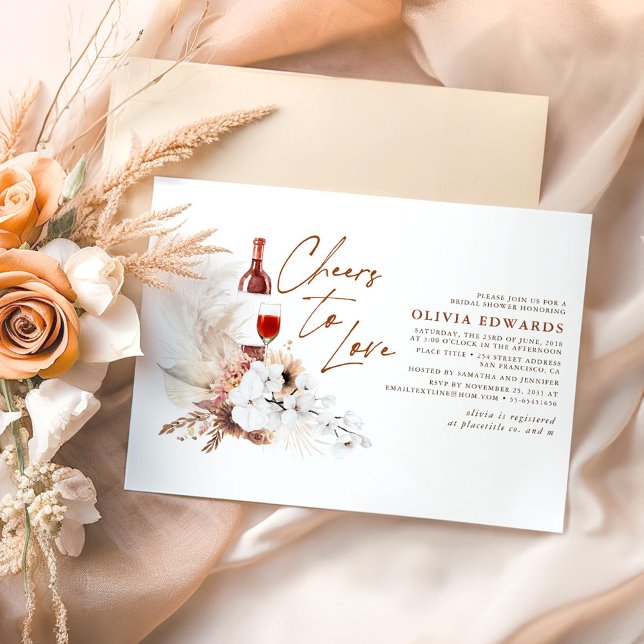 Floral Terracotta Boho Wine Tasting Bridal Shower Invitation (Cheers To Love Wine Tasting Bridal Shower Invitations in Boho Style)