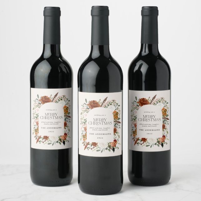 Floral terracotta Christmas botanical elegant Wine Label (Bottles)