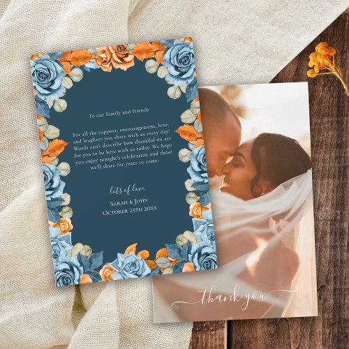 Floral Terracotta Navy Blue And Rust Wedding Photo Thank You Card