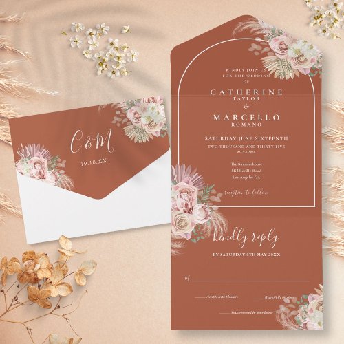 Floral Terracotta Pampas Grass Arch Wedding   All In One Invitation