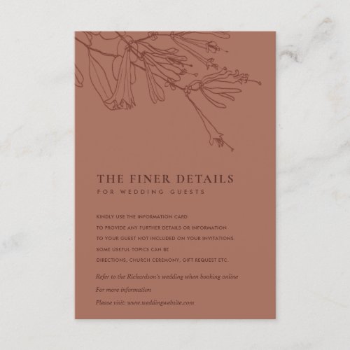FLORAL TERRACOTTA RED LINE DRAWING WEDDING DETAIL ENCLOSURE CARD