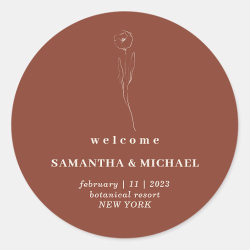 Floral Terracotta Simple Welcome Wedding botanical Classic Round Sticker