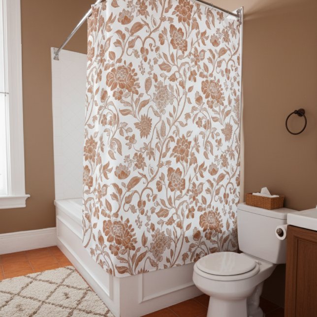 Floral Terracotta Toile Pattern Shower Curtain (Add a touch of rustic charm to your home with this Floral Terracotta Toile Pattern Shower Curtain!)