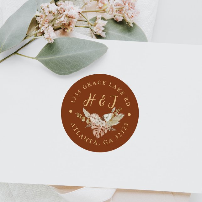 Floral Terracotta Wedding Return Address Classic Round Sticker (Floral Terracotta Wedding Return Address Classic Round Sticker)