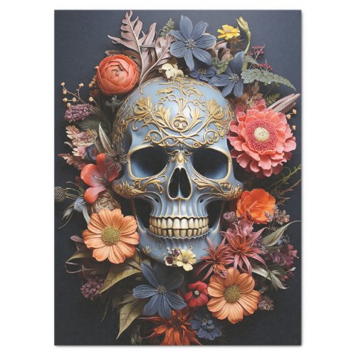 Floral Textrued Skull in Blue Decoupage Tissue Paper