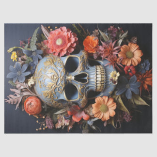 Floral Textrued Skull in Blue Decoupage Tissue Paper