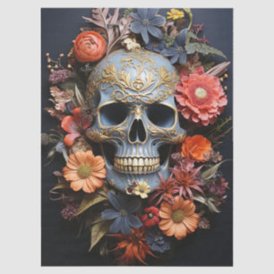 Floral Textrued Skull in Blue Decoupage Tissue Paper