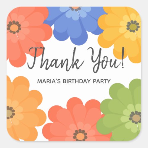 Floral Thank You Birthday Party Square Sticker