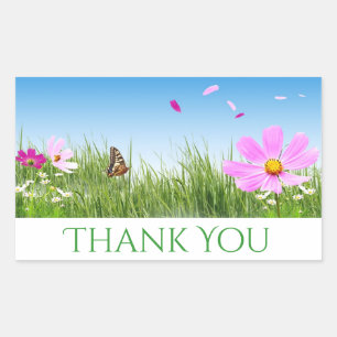 Floral Thank You Daisy Flowers, Blue Rectangular Sticker