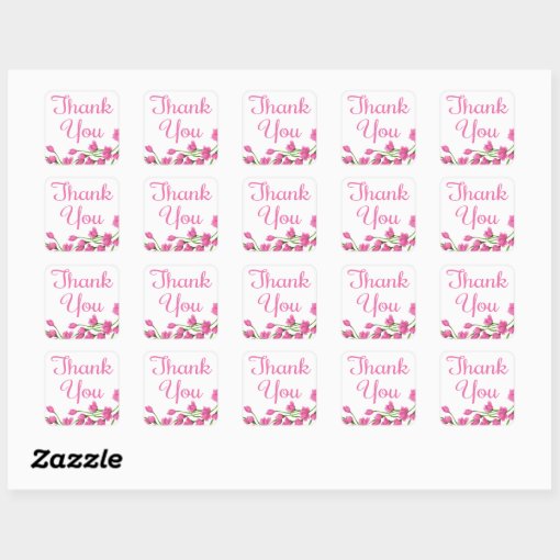 Floral Thank You Fuchsia Pink Flowers Square Sticker | Zazzle