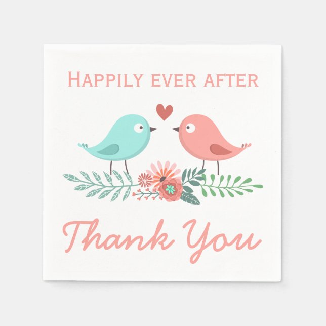 Floral Thank You Lovebirds Blue And Pink Wedding C Paper Napkins (Front)