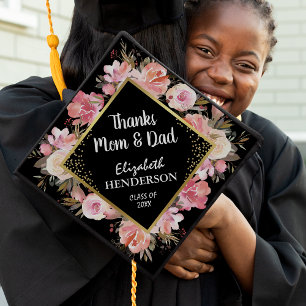 Floral Thank You Mom & Dad Graduation Cap Topper