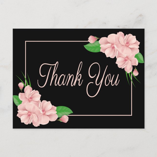 Floral Thank You Pink Flowers Black Wedding Party Postcard (Front)