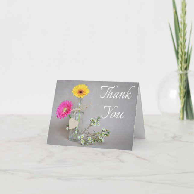 Floral Thank You Pink, Yellow Gerbera Daisy Flower Card (Front)