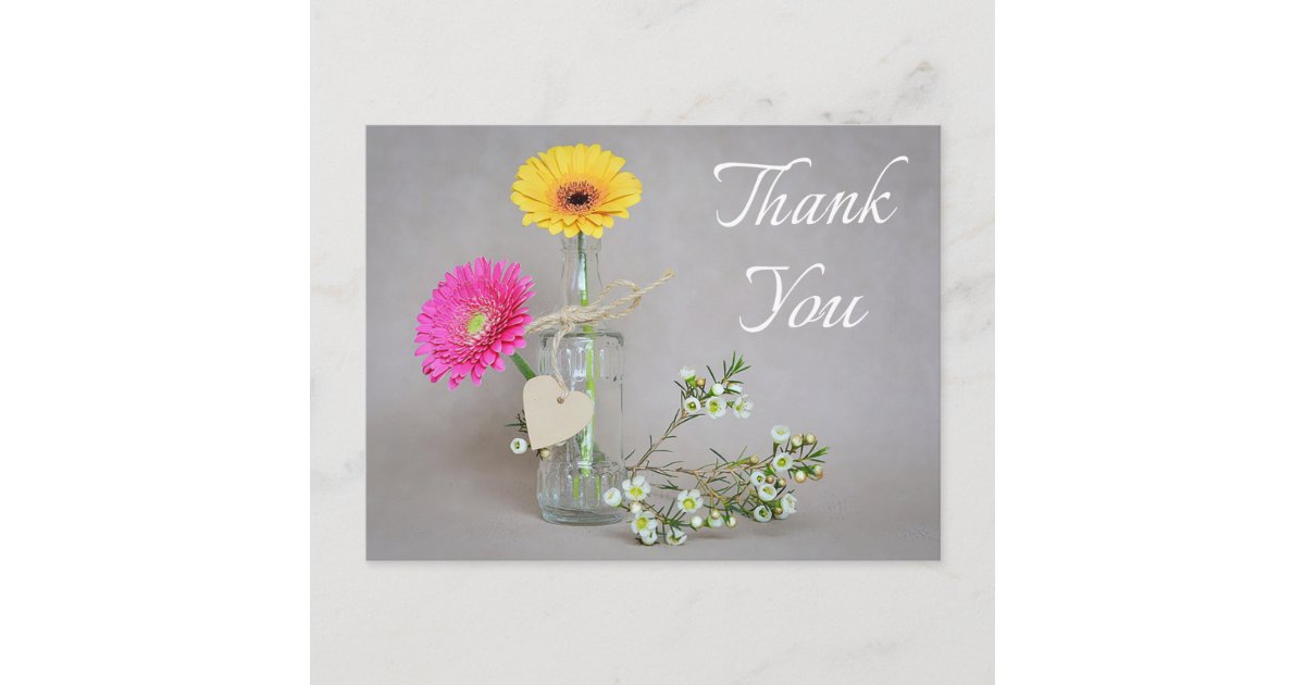 Floral Thank You Pink, Yellow Gerbera Daisy Flower Postcard | Zazzle