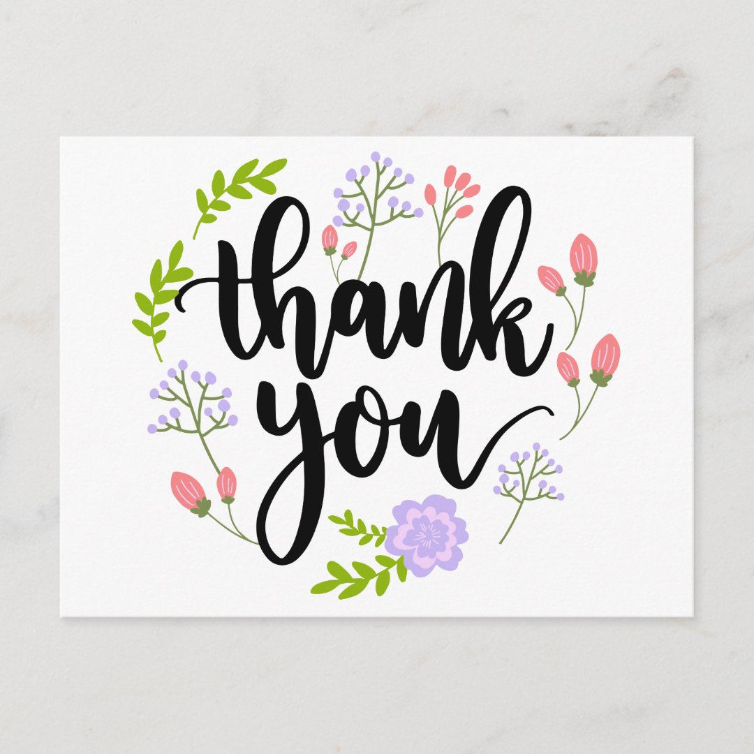 Floral Thank You Purple Pink Flower & Green Leaves Postcard 