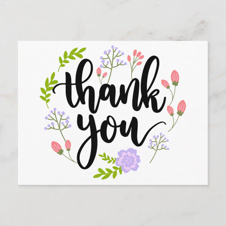 Floral Thank You Purple Pink Flower & Green Leaves Postcard | Zazzle