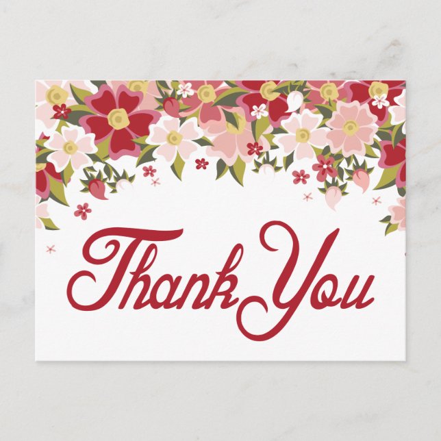 Floral Thank You Red Burgundy & Pink Flower Postcard (Front)