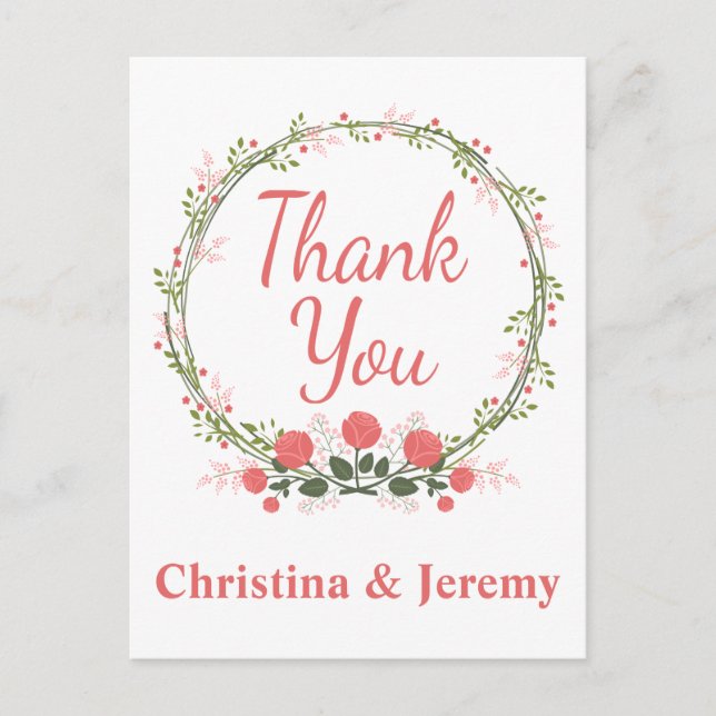 Floral Thank You Rose Flower Wreath Personalized Postcard (Front)