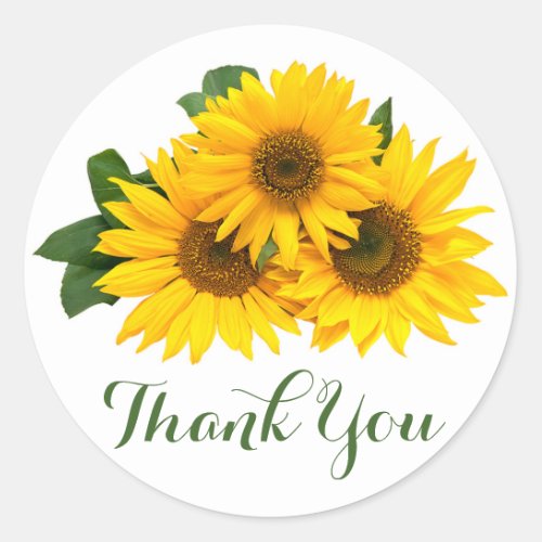 Floral Thank You Sunflowers Yellow  Green Flowers Classic Round Sticker