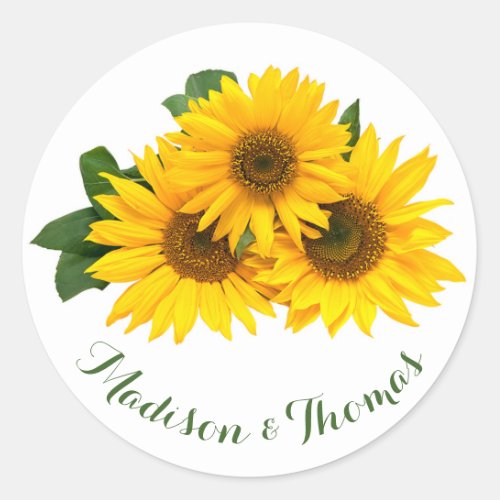 Floral Thank You Sunflowers Yellow  Green Wedding Classic Round Sticker