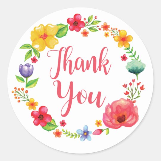 Floral Thank You Watercolor Pink Red Flower Wreath Classic Round ...