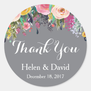 Floral Thank You Wedding Favour Stickers Gray