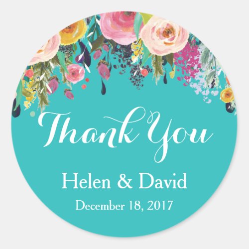 Floral Thank You Wedding Favour Stickers Teal