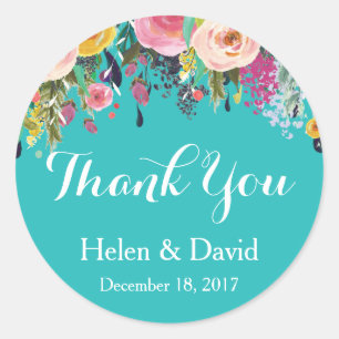 Floral Thank You Wedding Favour Stickers Teal