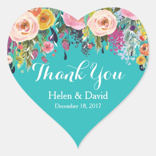 Floral Thank You Wedding Favour Stickers Teal