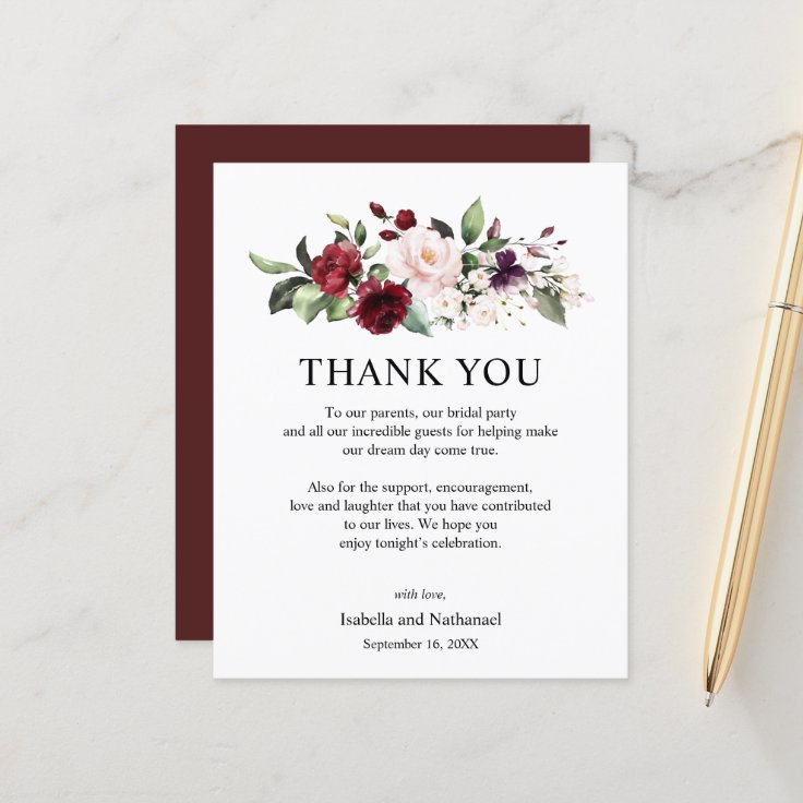 Floral Thank You Wedding Reception Card | Zazzle
