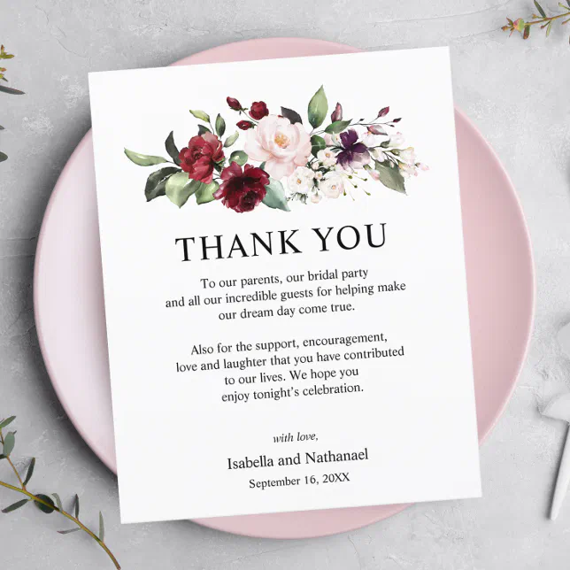 Floral Thank You Wedding Reception Card | Zazzle