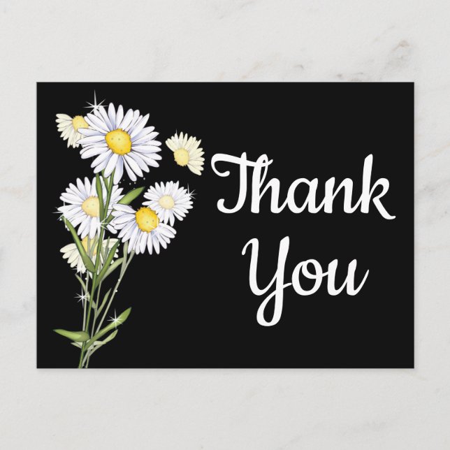 Floral Thank You White Daisy Flower Daisies Black Postcard (Front)