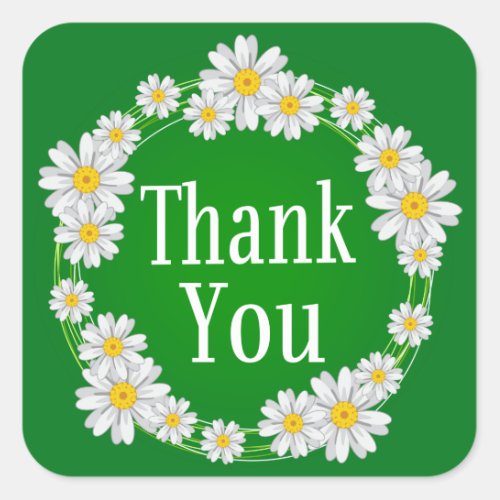 Floral Thank You White Daisy Green Flower Square Sticker